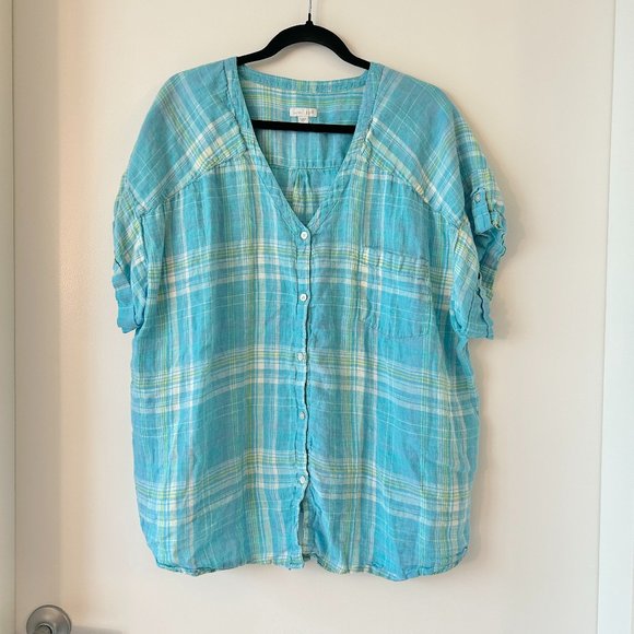 J. Jill Tops - J. Jill Love Linen Blue Plaid Button Down Top Plus Size 2X